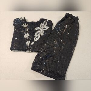 Vintage Silver Black Beaded Sequin Evening Top & Skirt